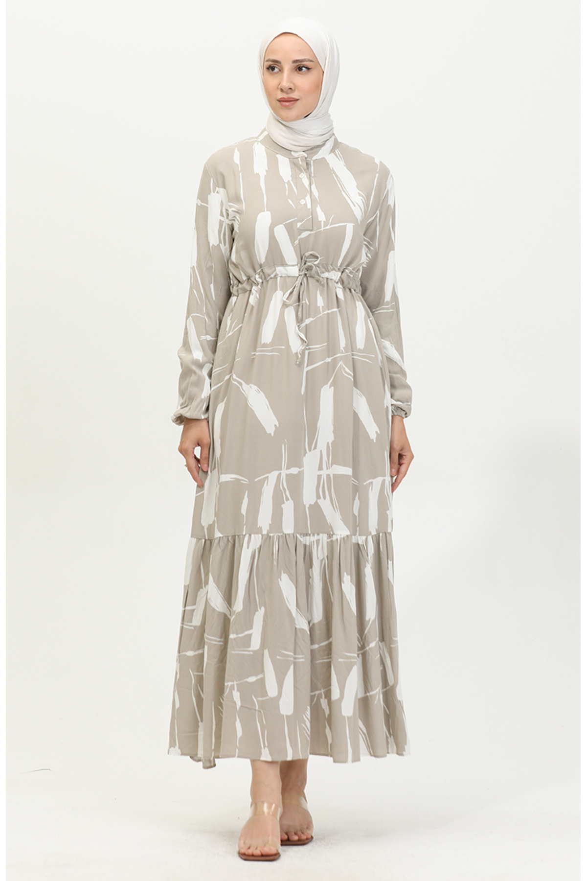 sefamerve-Mink Colored Viscose Dress - Brush Pattern and Drawstring 81869-02 2