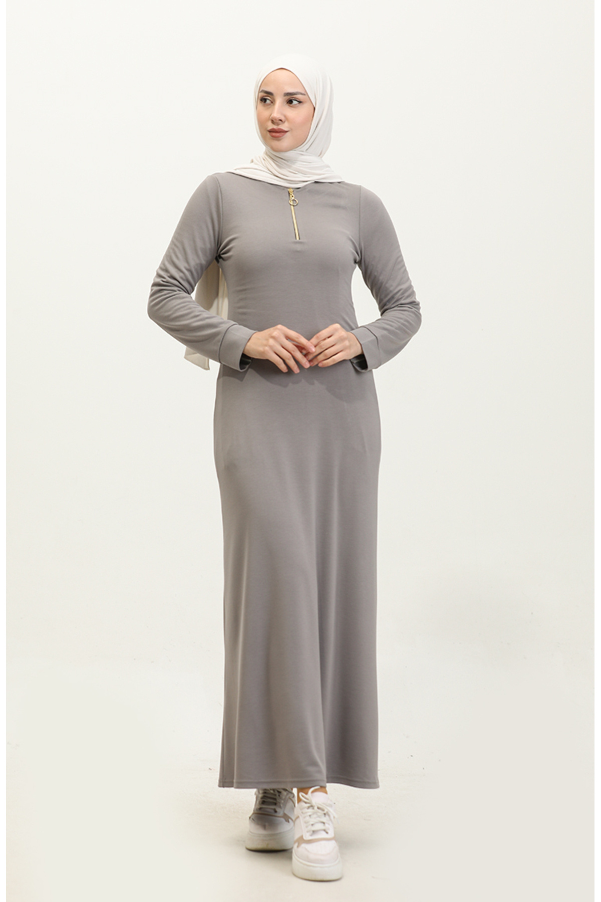 sefamerve-Szara sukienka zapinana na suwak - model 2148-02 2