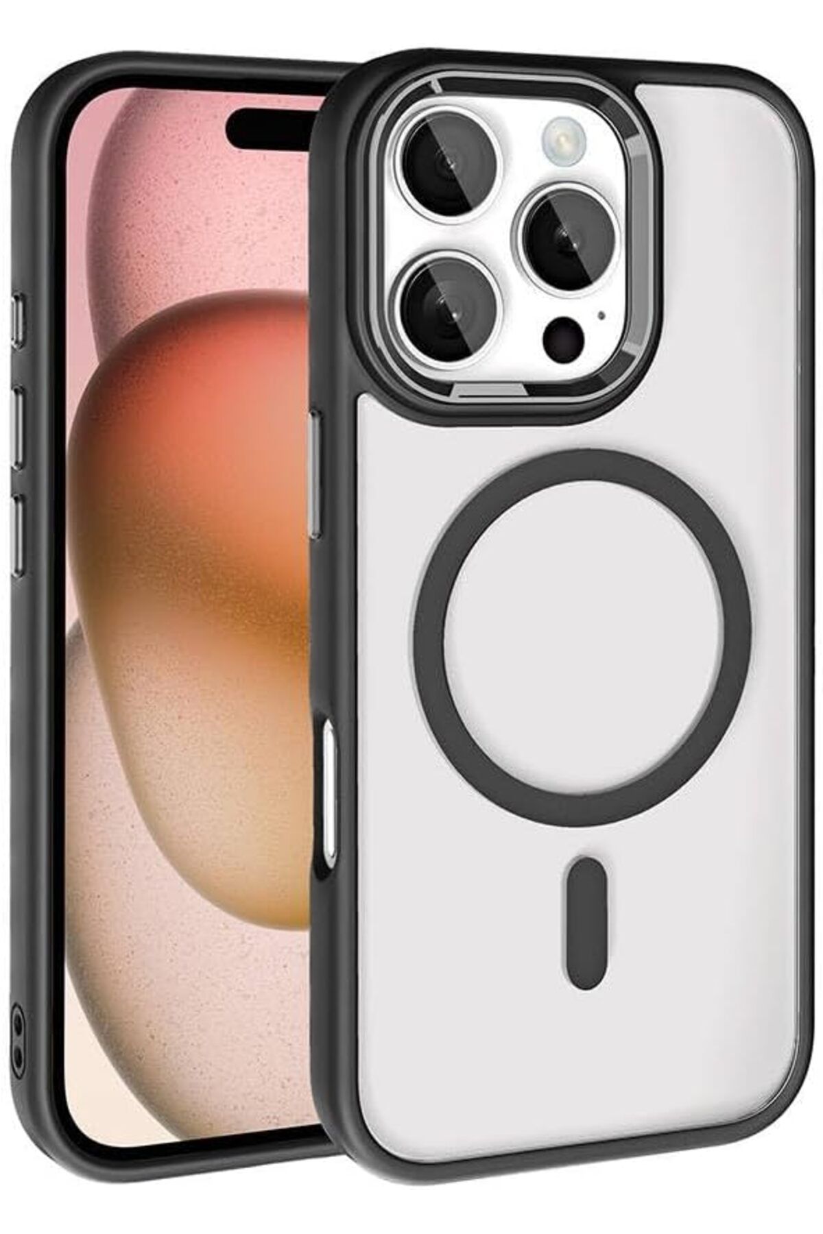 STOREMAX ELZ İle Uyumlu iPhone 16 Pro Kılıf Wireless Şarj Özellikli ZORE Krom Magsafe Silikon Kapak Siya