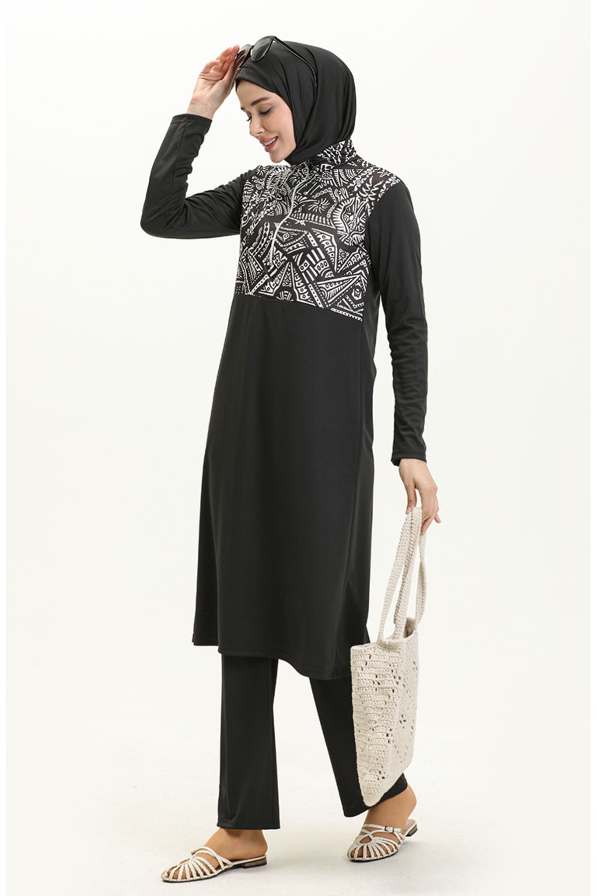 sefamerve-Gemusterter Hijab-Badeanzug 2313-01 Schwarz 2