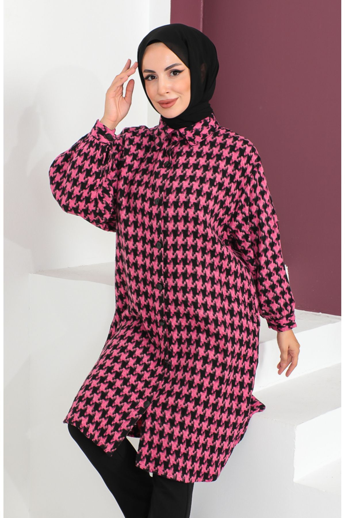 sefamerve-Fuchsia Houndstooth Patterned Tunic - 23k8763-01 4