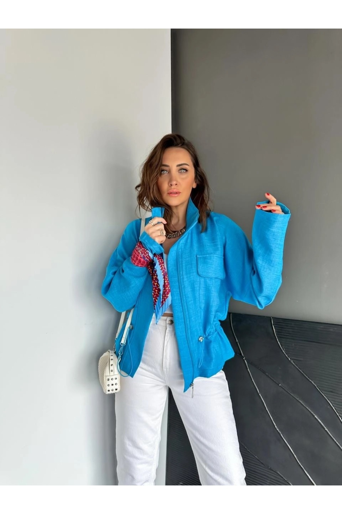 QİMYA BUTİK-Qimene Women's Large Pocket Waist Drawstring Loose Collar Straight Oversize Coat 7