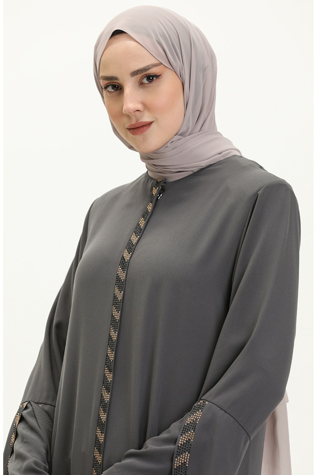 sefamerve-Γκρι Plus Size Ferace με φερμουάρ - 5032-06 3