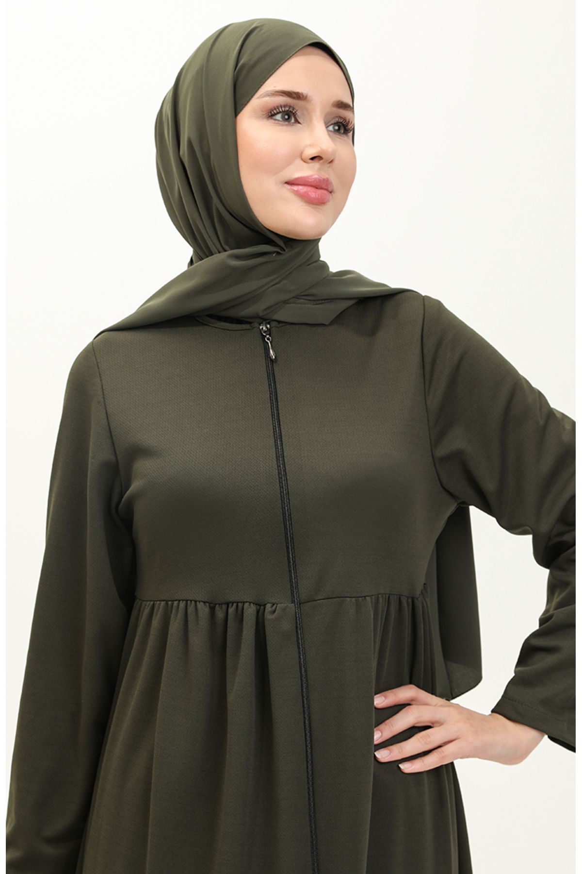 sefamerve-Khaki Ferace - Drawstring and Zippered, Model 0695-07 3