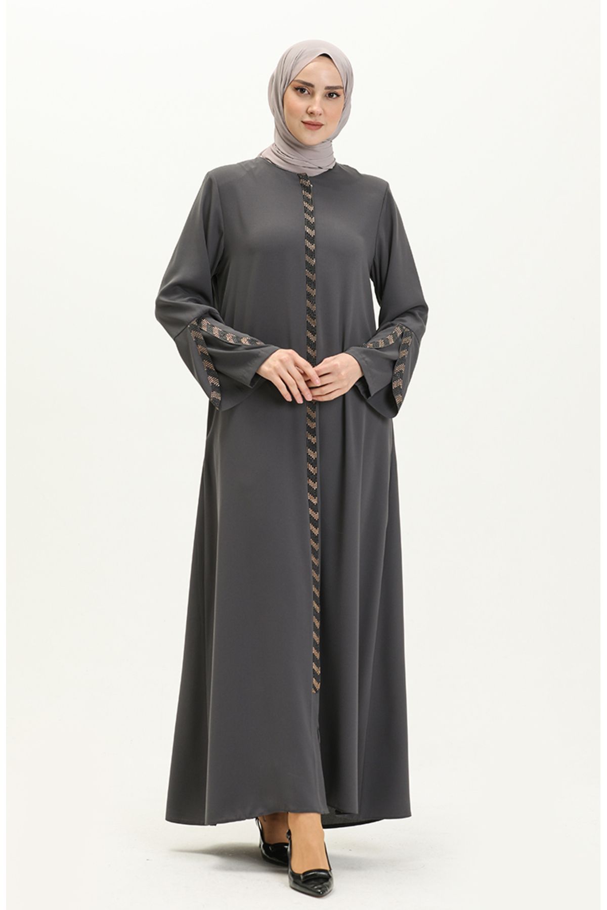 sefamerve-Γκρι Plus Size Ferace με φερμουάρ - 5032-06 2