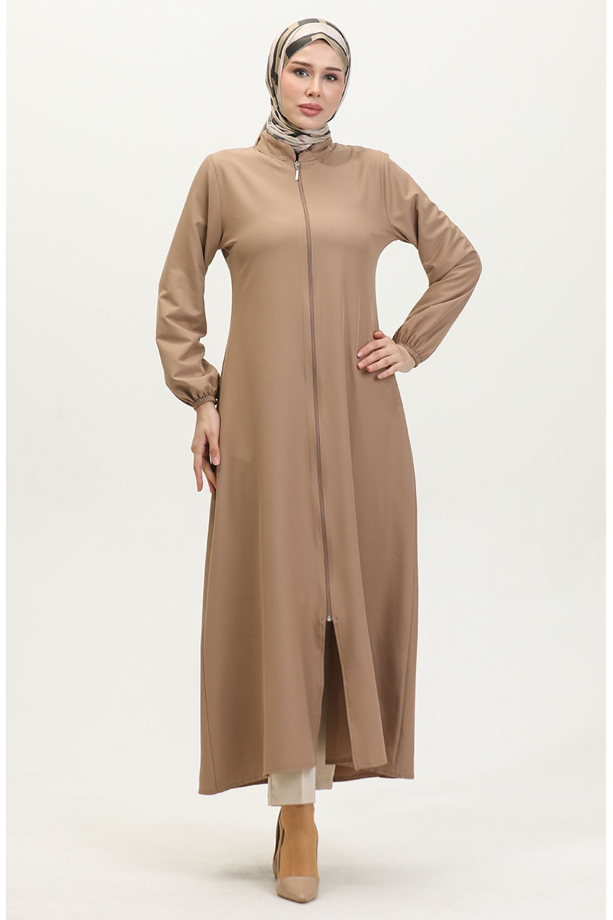 sefamerve-Beige Plain Ferace - Arm End with Elastics and Zipper 1013-04 2