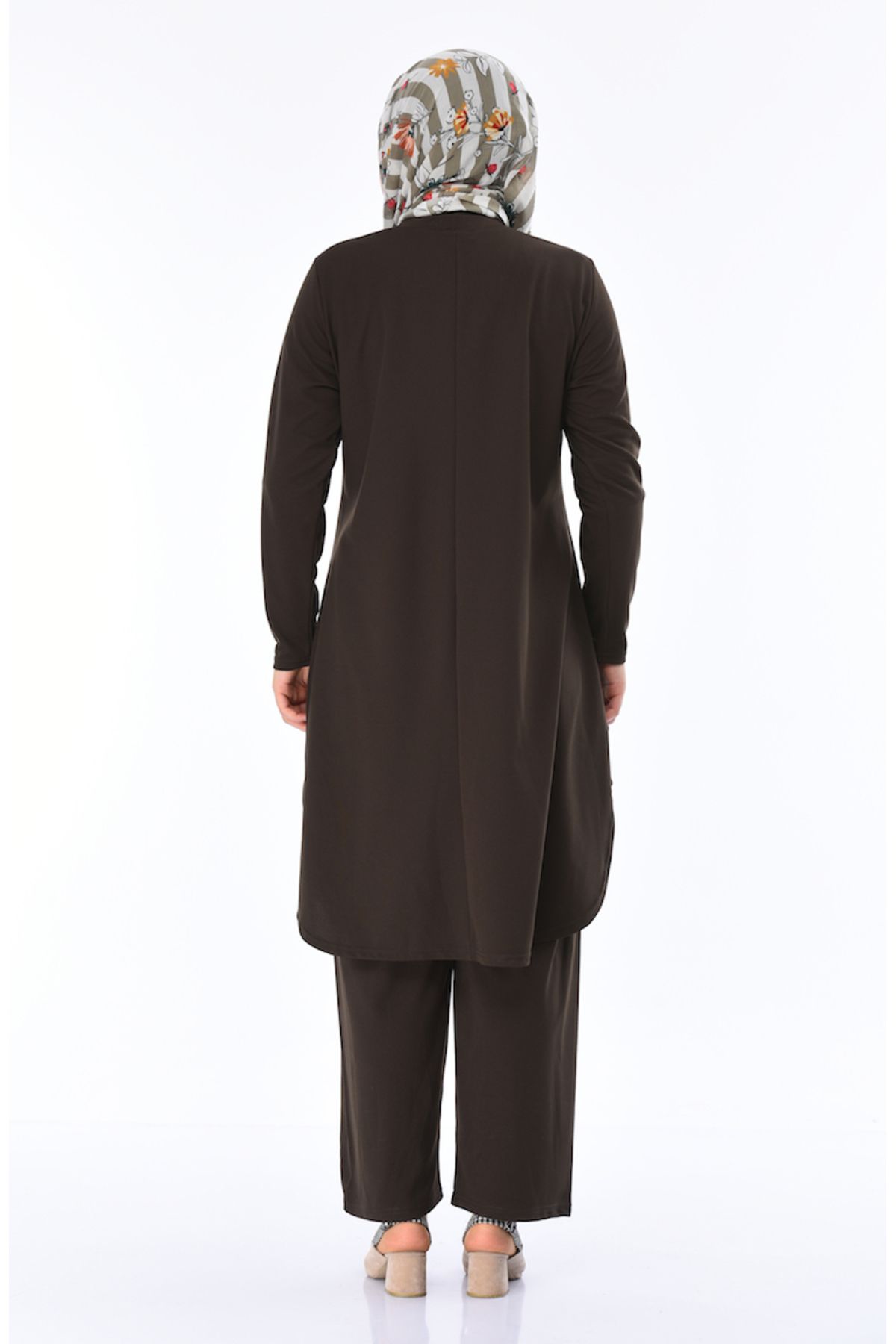 sefamerve-Khaki Tunic and Trousers Two Pieces Set - Button Detail, Large Size 2655-01 3