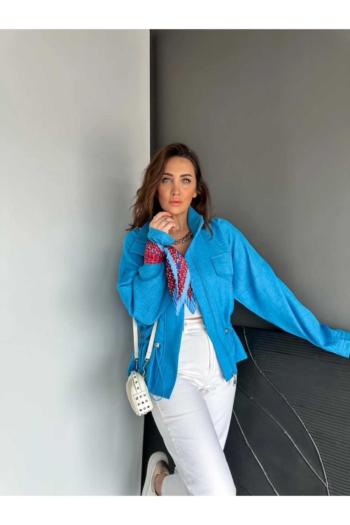 QİMYA BUTİK-Qimene Women's Large Pocket Waist Drawstring Loose Collar Straight Oversize Coat 5