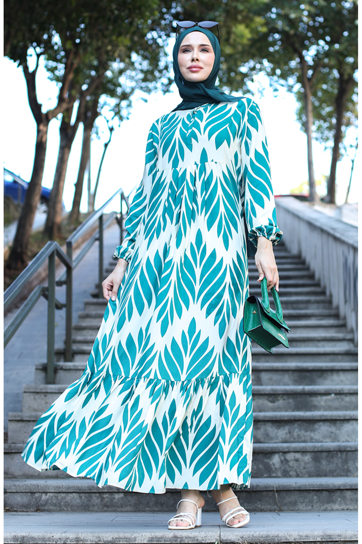 sefamerve Green Patterned Viscose Dress - 81880-01- Trendyol