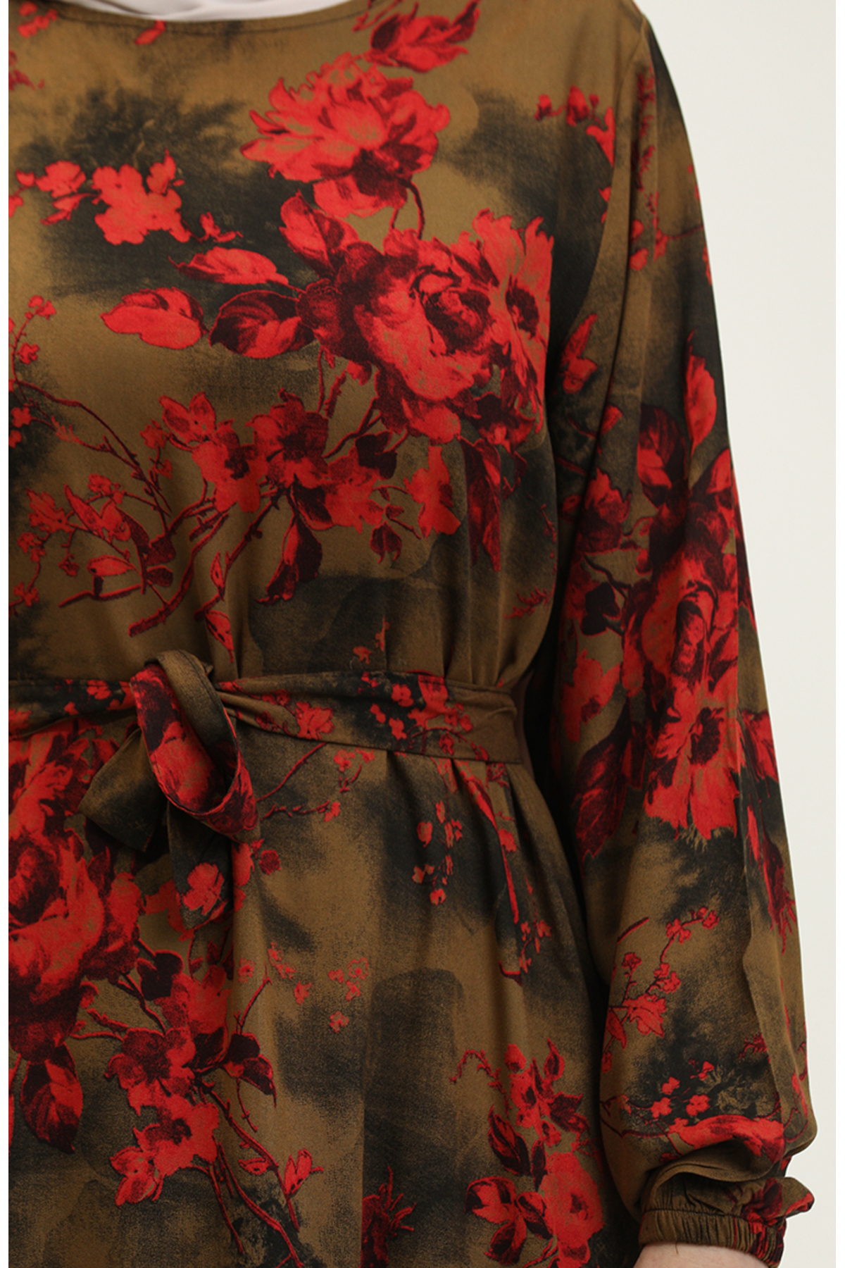 sefamerve-Ahsen Viscose Dress - Floral Pattern, Henna Green and Red 0329-01 4