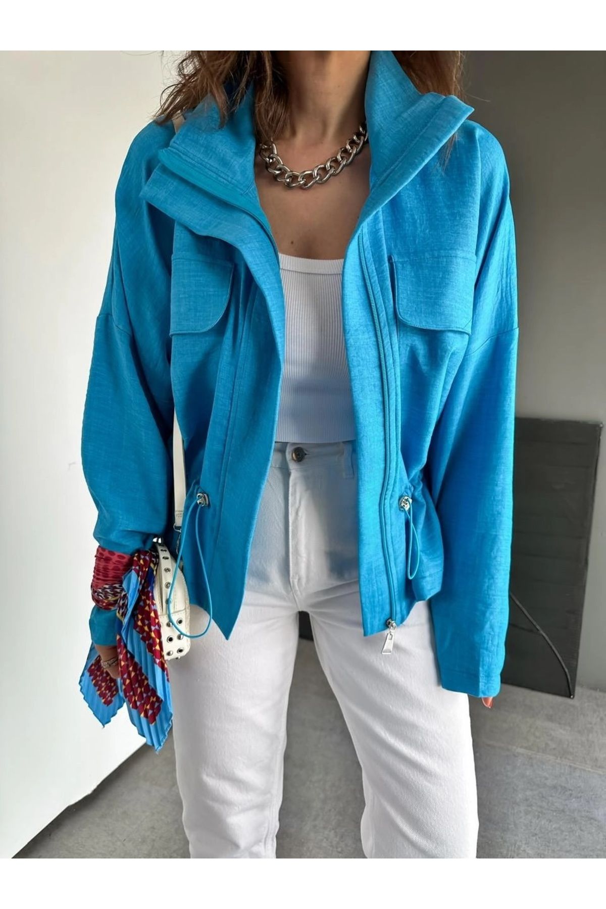 QİMYA BUTİK-Qimene Women's Large Pocket Waist Drawstring Loose Collar Straight Oversize Coat 8