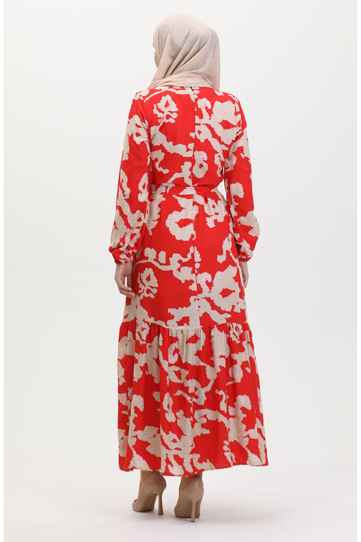 sefamerve-Rotes, gemustertes Kleid mit gerafftem Saum – 0451-07 6