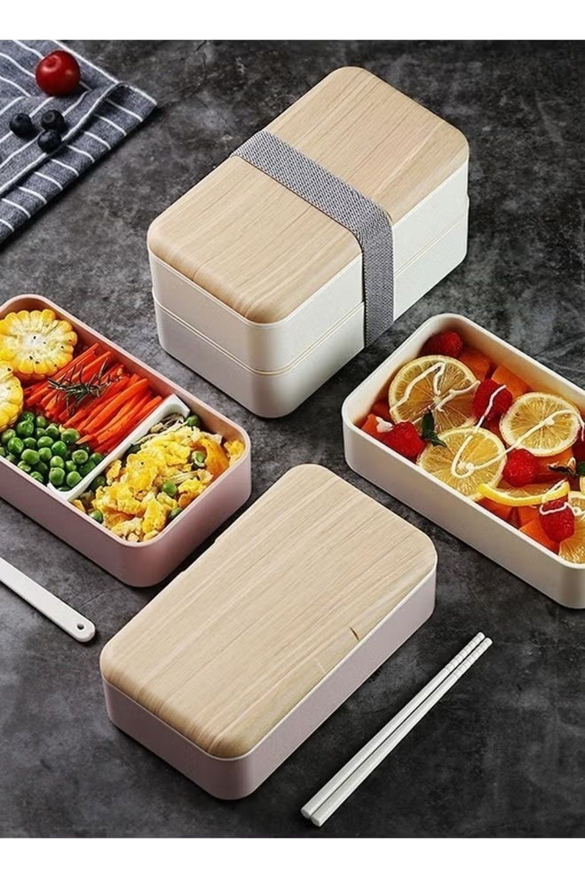 COOYA-Double Layer Lunch Box,Container Bundle Divider with Plastic Cutlery and Nylon Sealing Tape(1200ml) 2