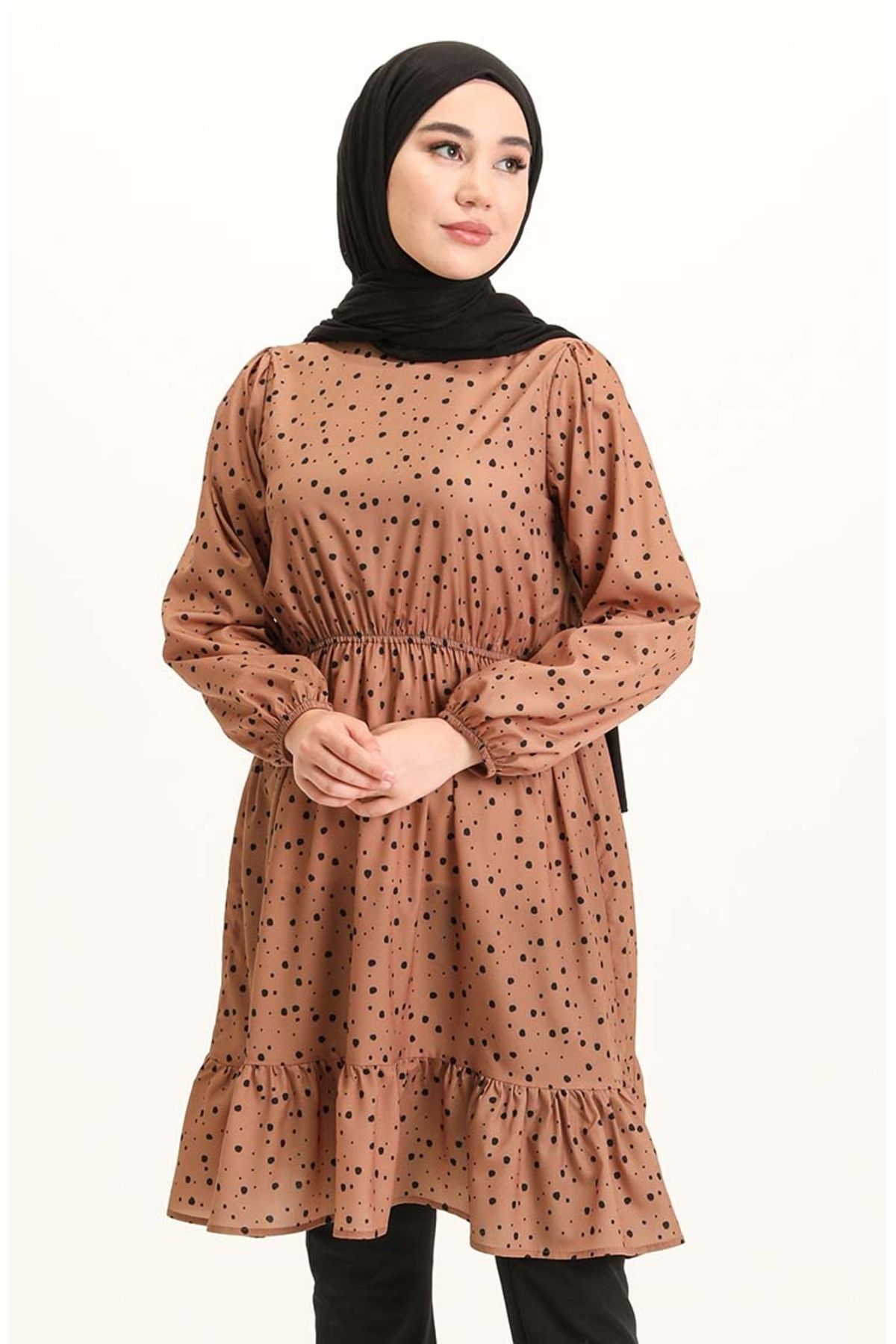 sefamerve-Milky Brown Black Gathered Tunic - 4346-07 2