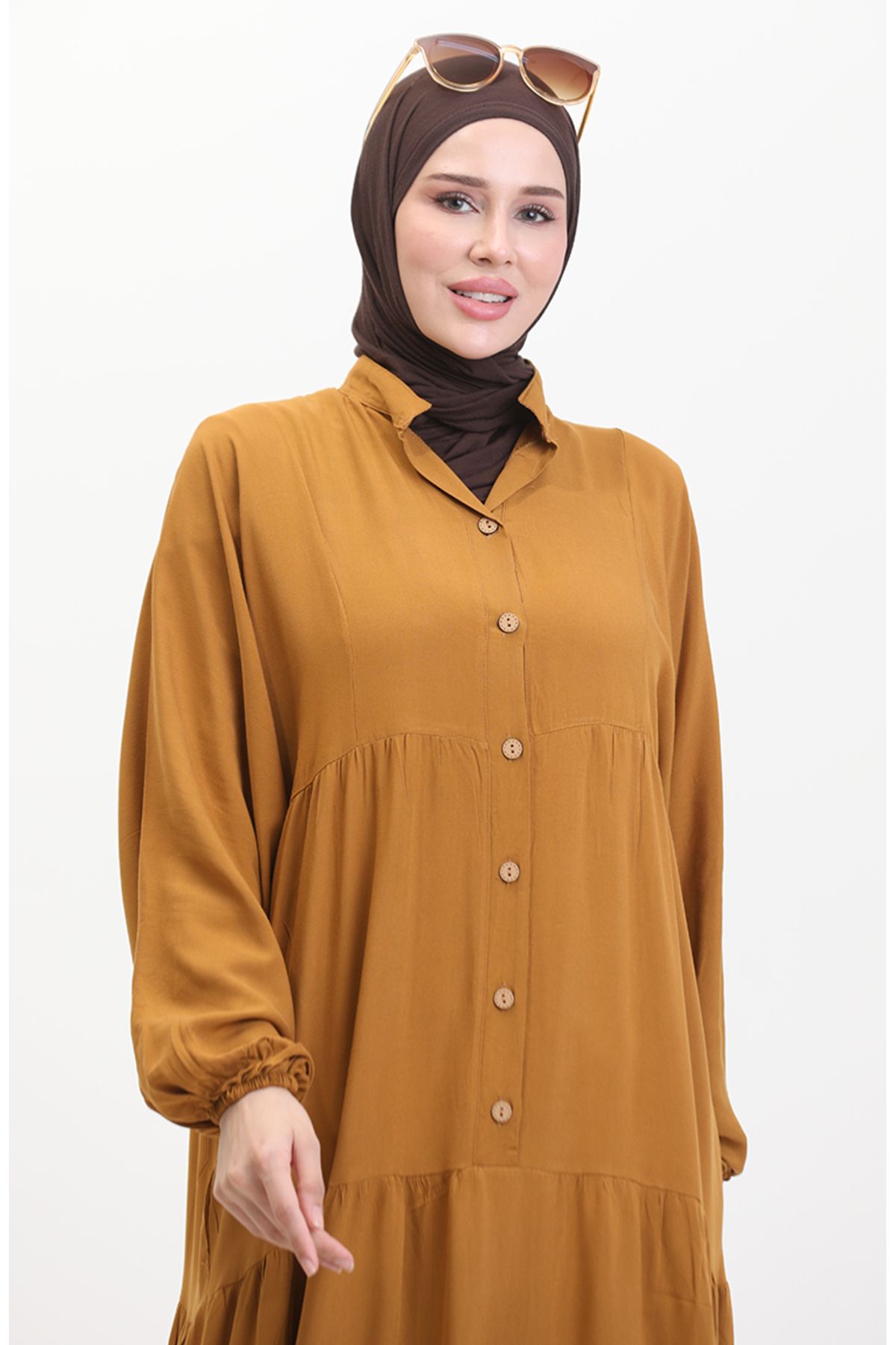 sefamerve-Tan 0463-06 Model Dress with Buttons and Elastic Sleeves 6