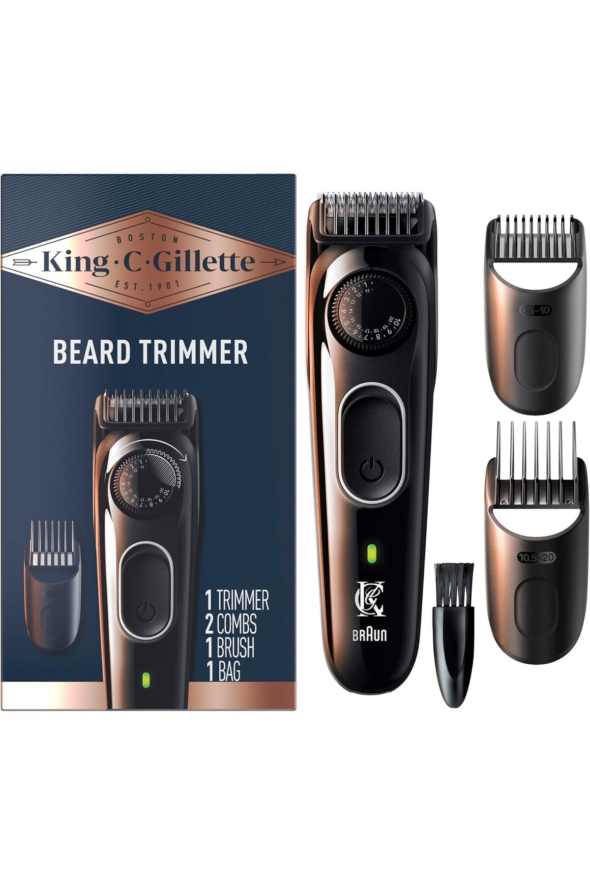 King C. Gillette-Cordless Beard Trimmer for Men, Kit includes 1 Trimmer, 3 Interchangeable Combs, 1 1