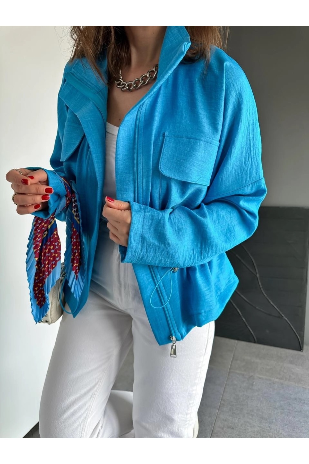 QİMYA BUTİK-Qimene Women's Large Pocket Waist Drawstring Loose Collar Straight Oversize Coat 4