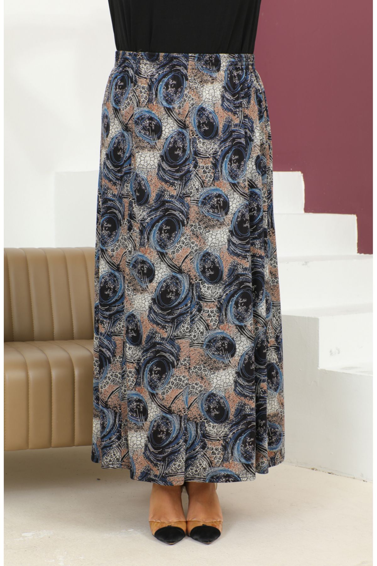 sefamerve-Blue Patterned Large Size Elastic Skirt - 2830-02 4