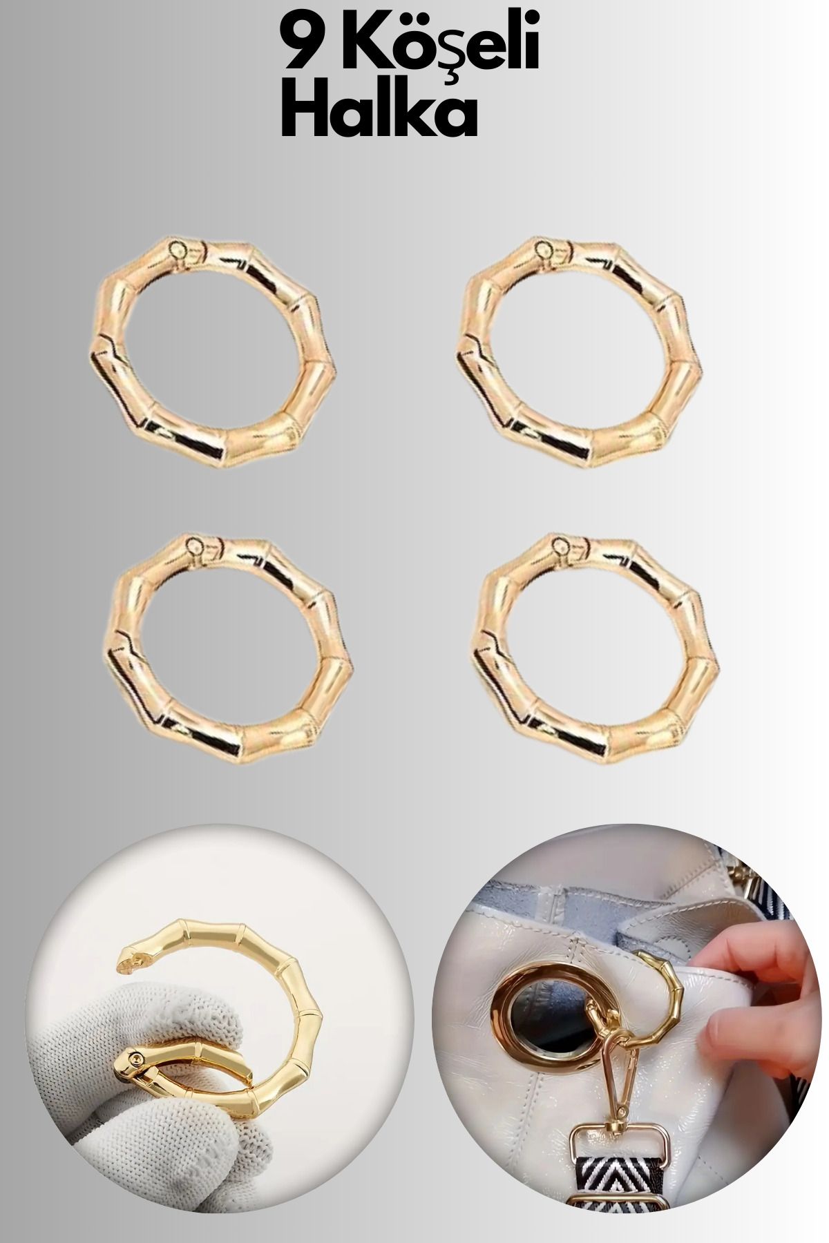 Kardelux 4 Adet 9 Köşegenli Model Yaylı Halka- Açılır Mekanizmalı-Çanta Aksesuarı(İç Çap 2.5cm Dış Çap 3.5cm)