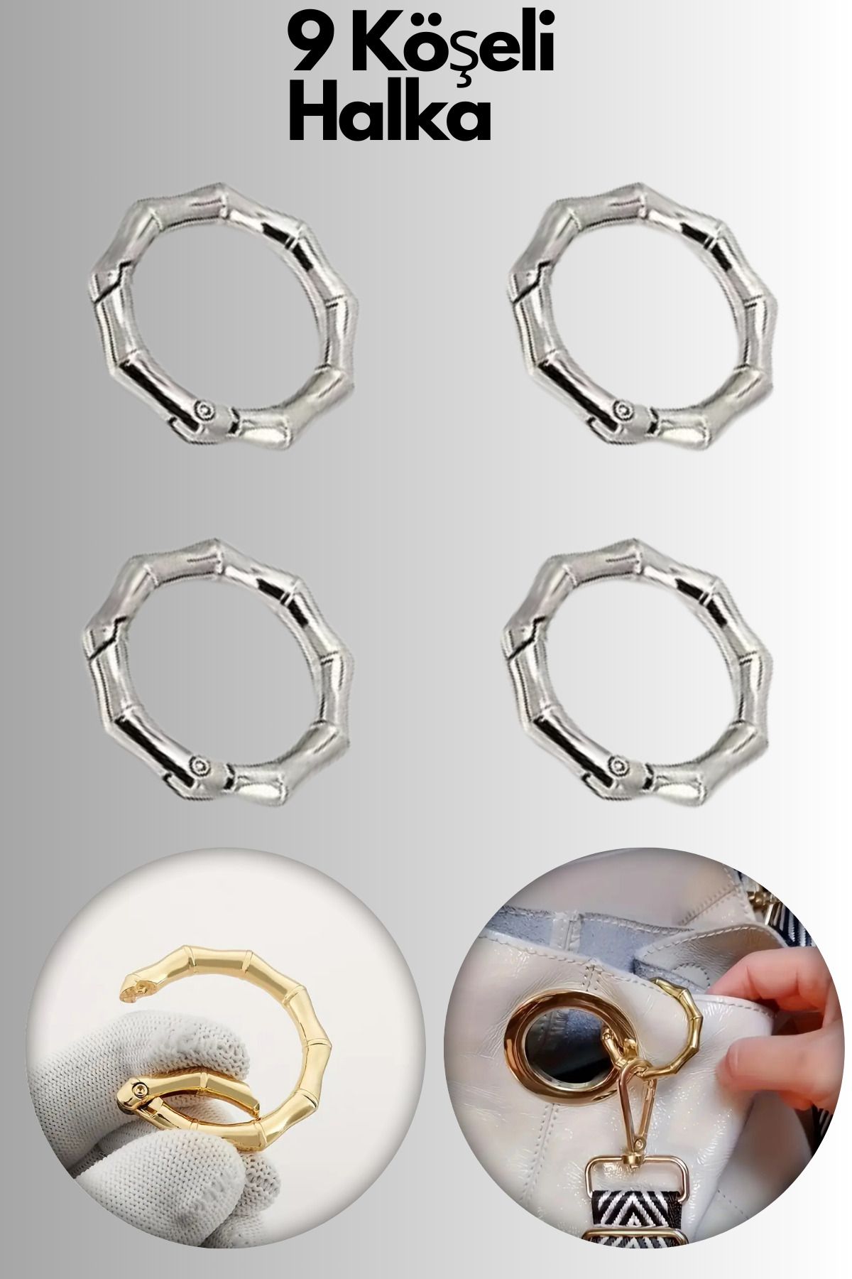 Kardelux 4 Adet 9 Köşegenli Model Yaylı Halka- Açılır Mekanizmalı-Çanta Aksesuarı(İç Çap 2.5cm Dış Çap 3.5cm)