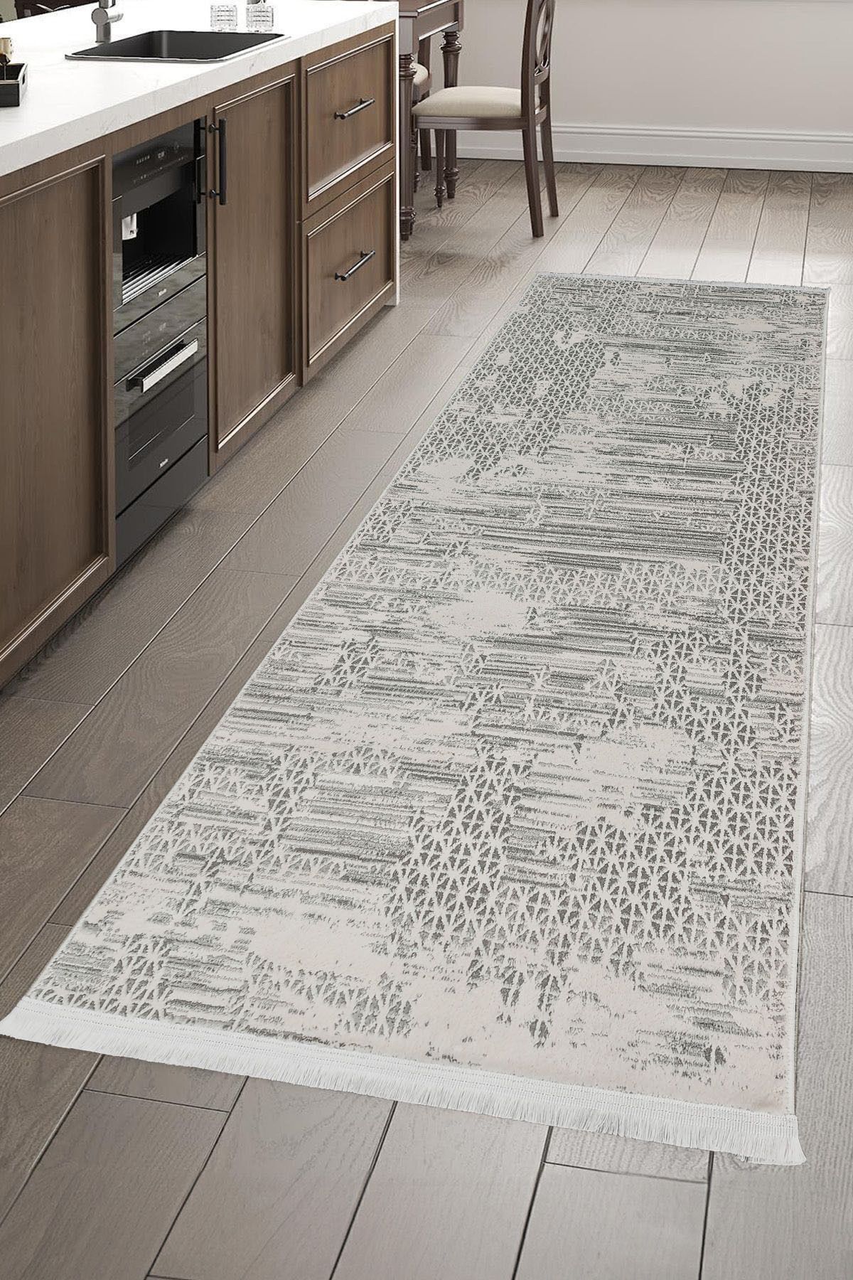 ünalcarpet %100 Akrilik (Yün) Kalın Dokuma Kesme Yolluk Hol Koridor Antre Mutfak Yatak Odası Gri Beyaz
