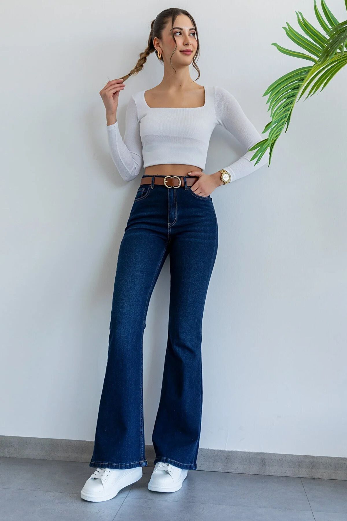 WODDİ Duryn Ispanyol Solmaz Likralı Yüksek Bel Koyu Mavi Ispanyol Jeans Pantolon