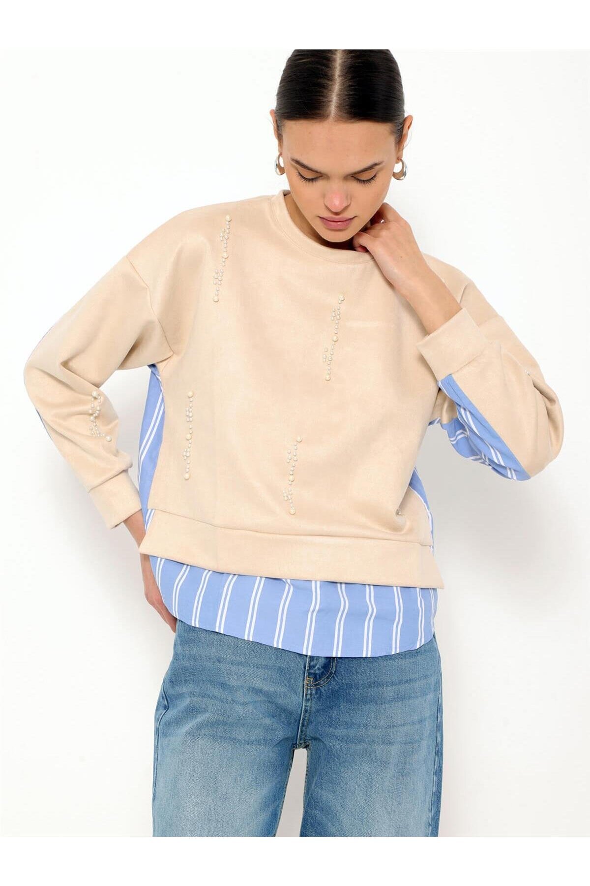 Coral-Striped Shirt Garnished Pearled Sweatshirt Beige 1