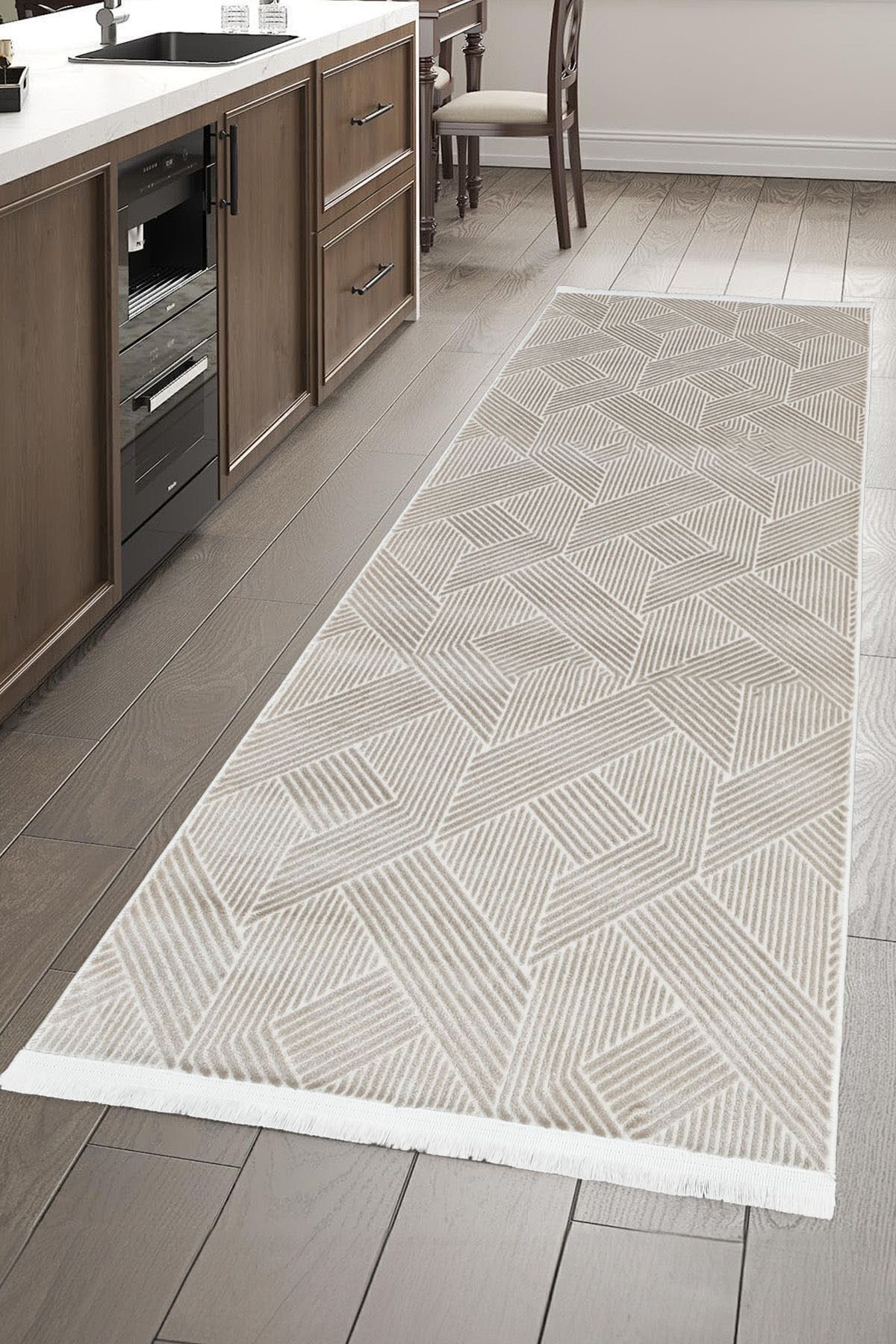 ünalcarpet %100 Akrilik (Yün) Kalın Dokuma Kesme Yolluk Hol Koridor Antre Mutfak Yatak Odası Bej