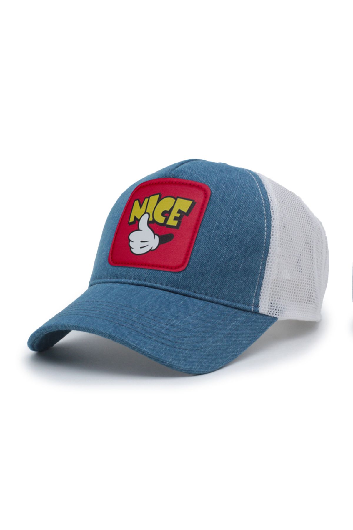 Trucker Mickey Hand Model Değiştirilebilir Armalı Fileli Şapka Kot Beyaz
