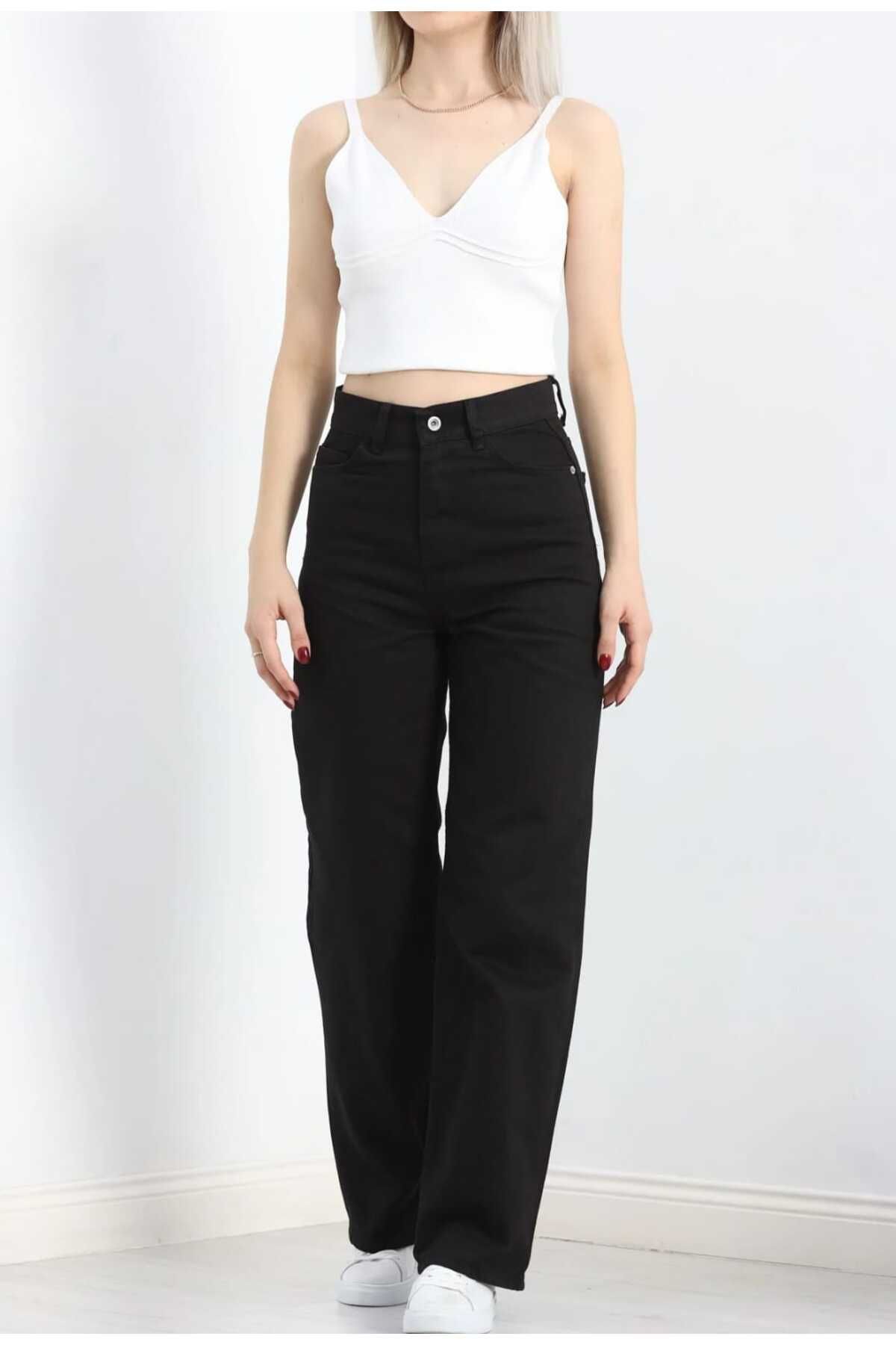 JAXEN-Freya 90's Wide Leg Women's Non-Fading Black Lycra Palazzo Jeans Denim Trousers 3