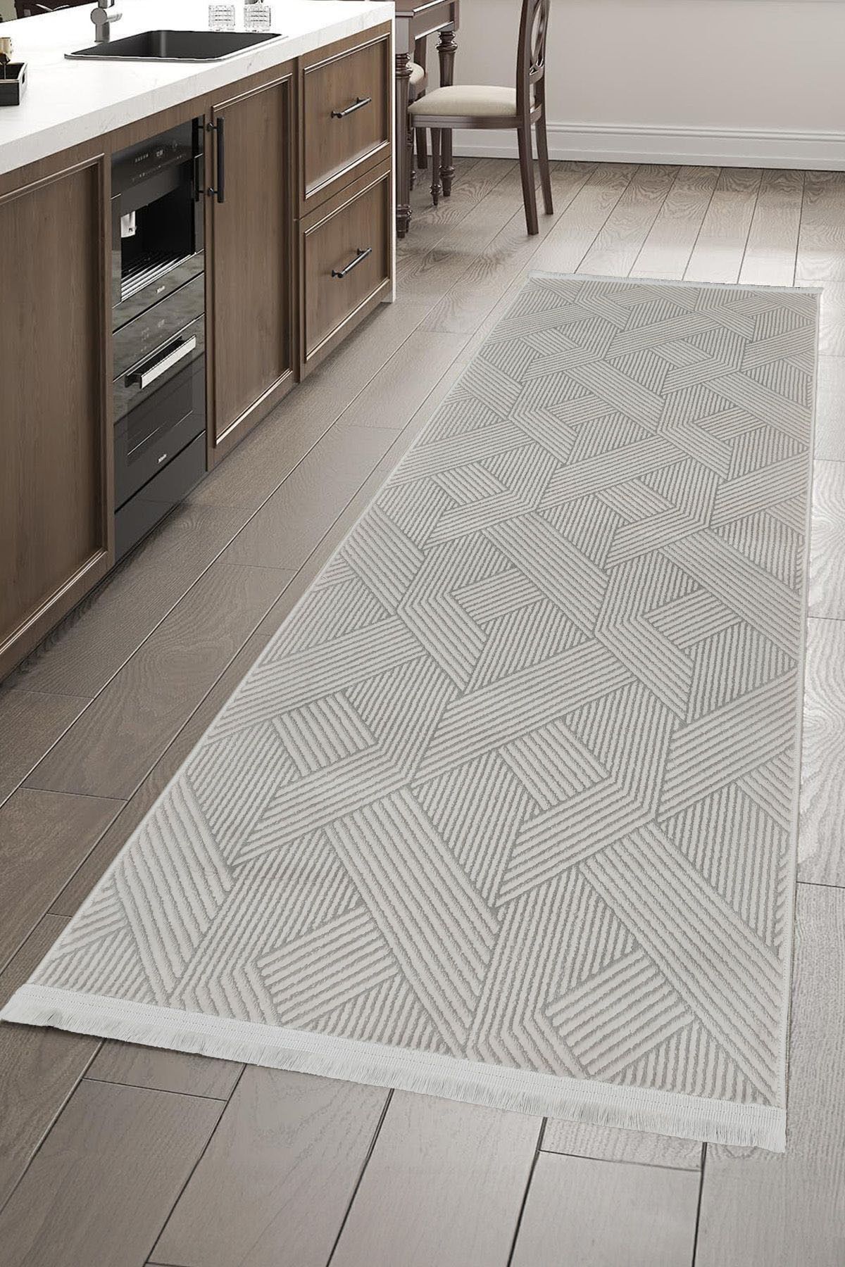 ünalcarpet %100 Akrilik (Yün) Kalın Dokuma Kesme Yolluk Hol Koridor Antre Mutfak Yatak Odası Gri Beyaz