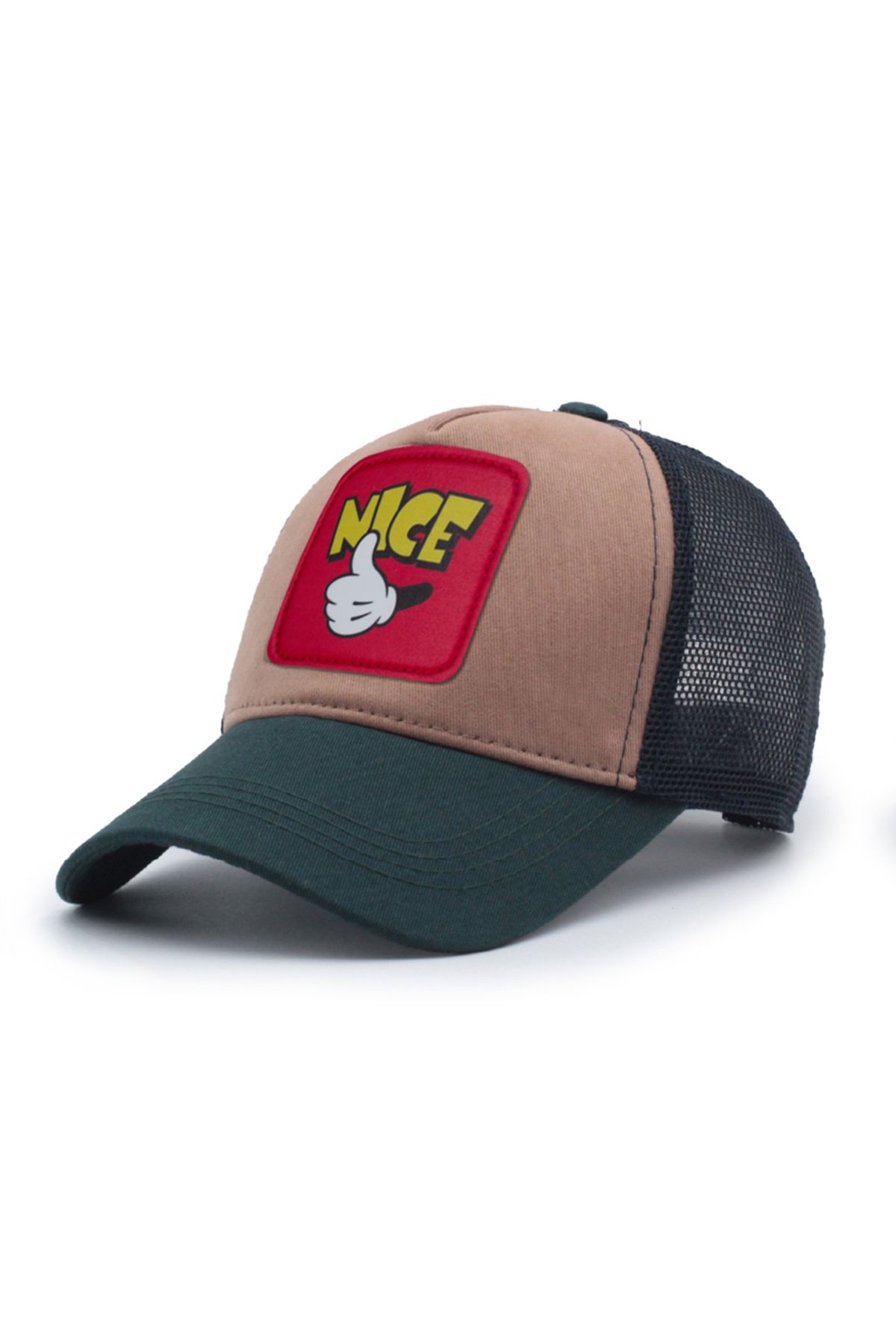Trucker Mickey Hand Model Değiştirilebilir Armalı Fileli Şapka Yeşil Kahverengi Lacivert