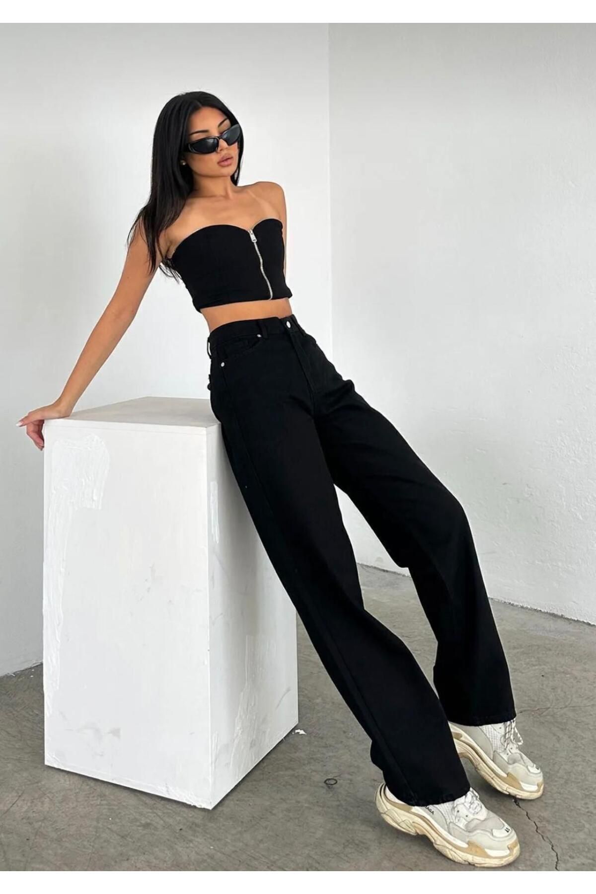 mooishan Kadın Siyah Siyah Salaş Palazzo Rahat Kesim Kadın Jeans Pantolon Yeni Sezon