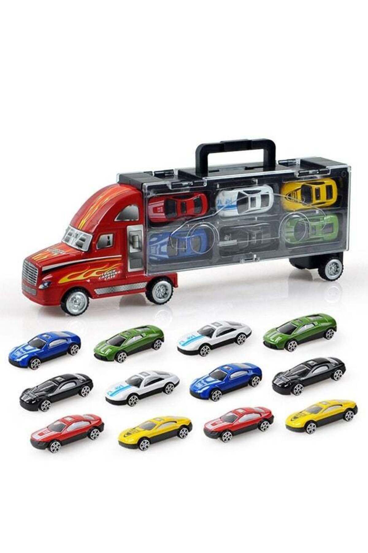 Yelajoy-Car Transporter Playset,With 12 Small Diecast Cars for Boys and Girls,Best Holiday Gift for Kids 1