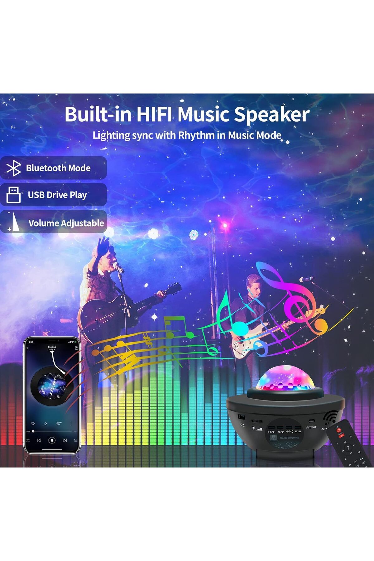 fulina-Dynamic Projection Night Light with Remote Control Bluetooth Speaker, Multiple Colours,for Bedroom 3
