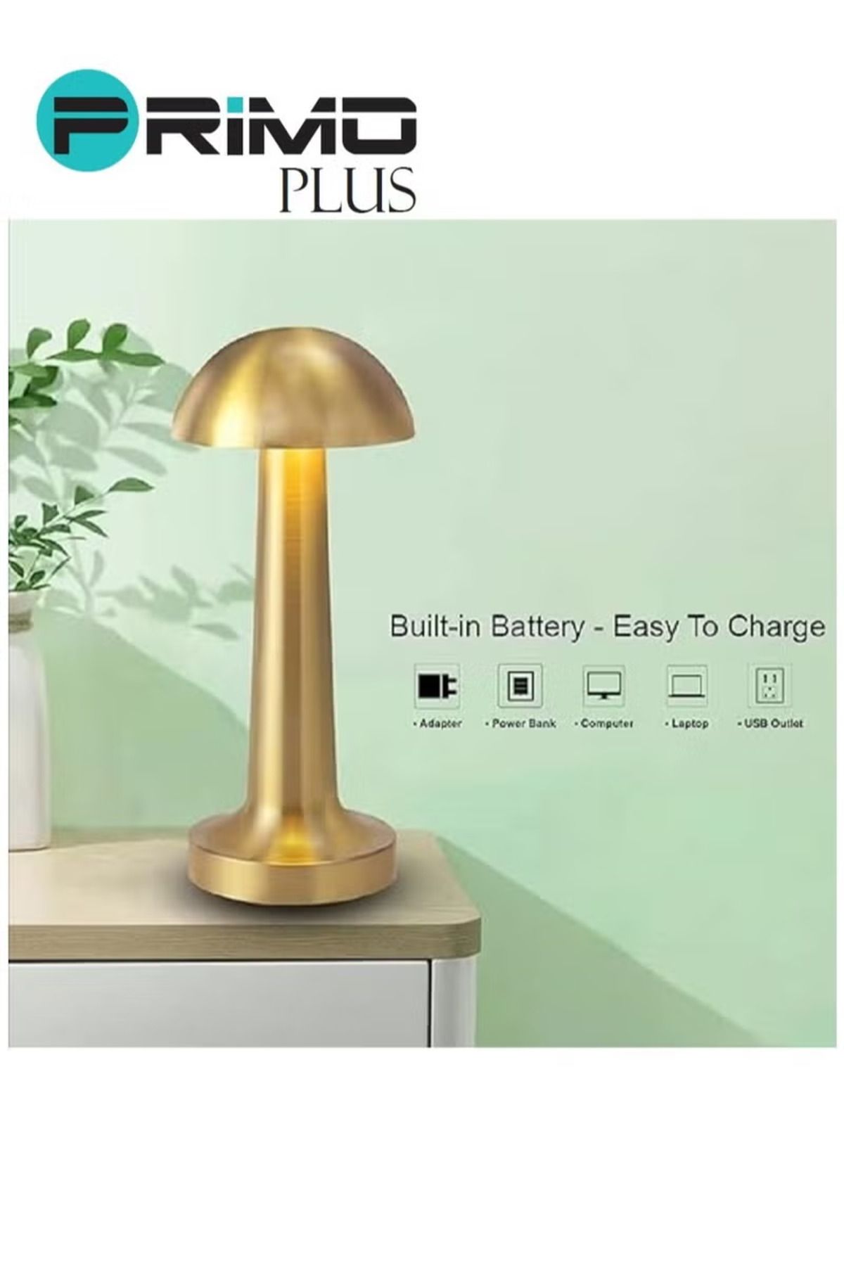Primo Plus-مصباح لاسلكي، مصباح على شكل فطر، مصباح طاولة LED محمول مع خاصية التعتيم باللمس، قابل لإعادة الشحن بقوة 1800 مللي أمبير في الساعة 3