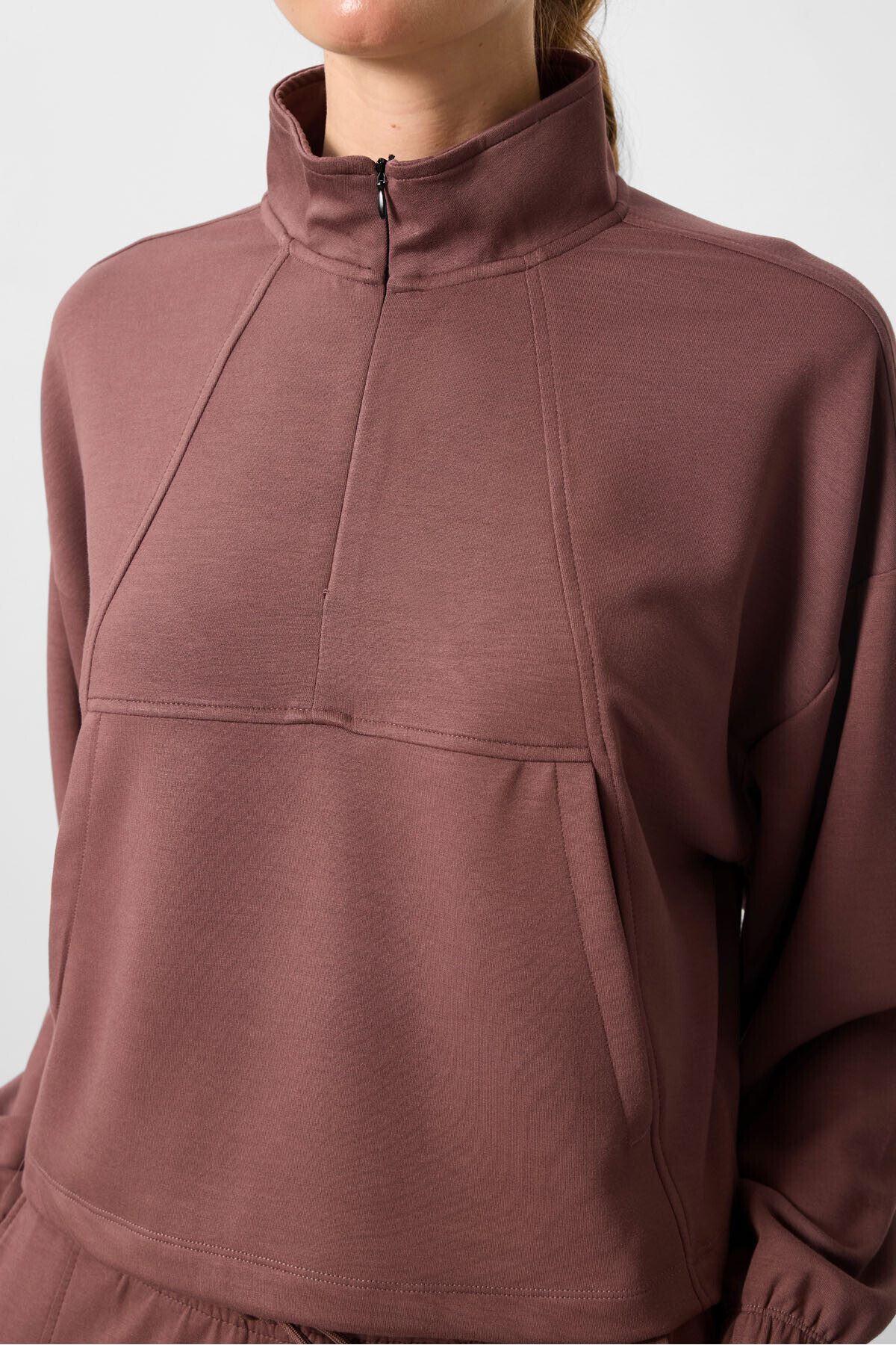 TOMMY LIFE-Brown Soft Textured Stand Collar Hidden Zipper Oversize Women's Tracksuit - 95351 6