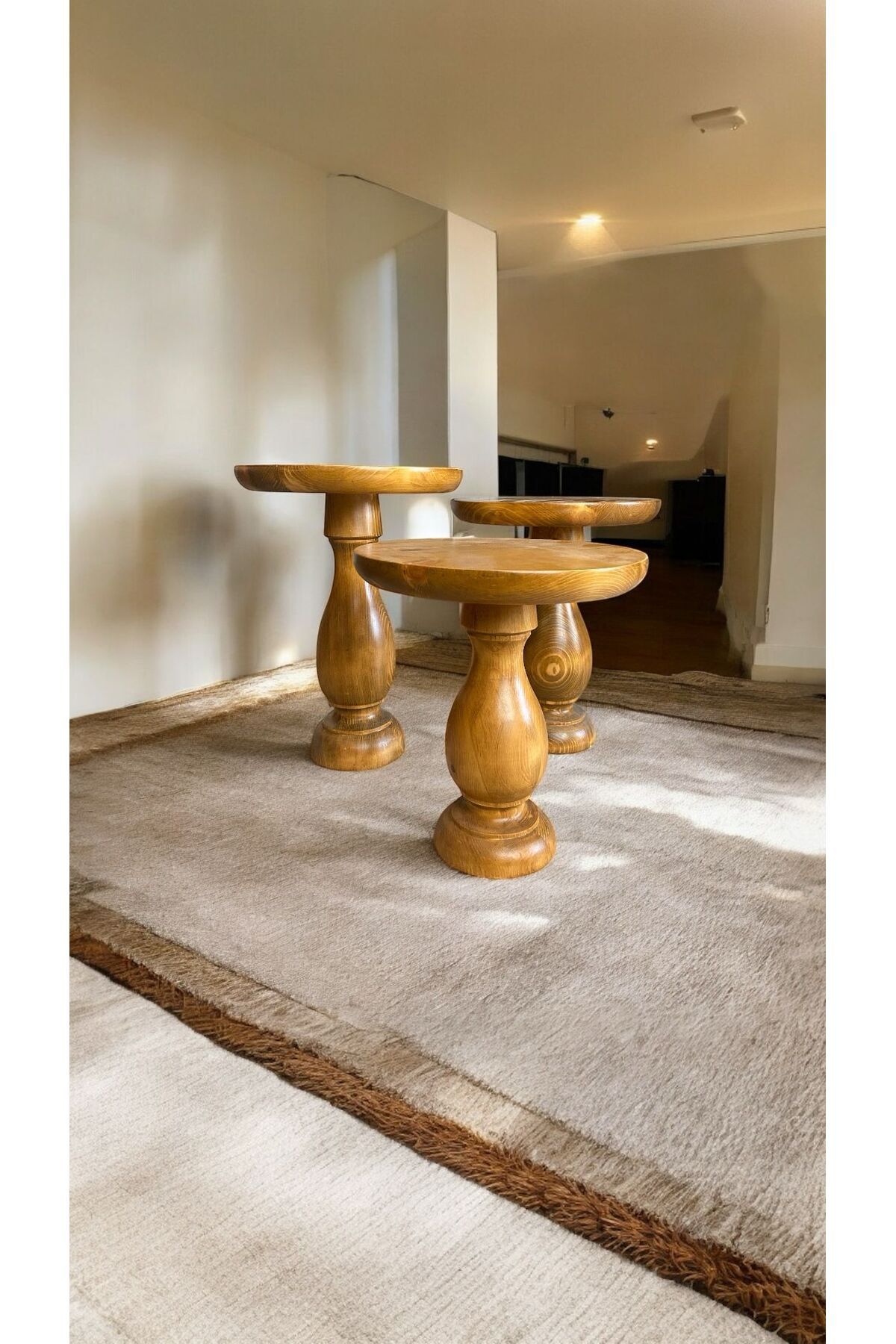 Simillo Home&Living Wood Wooden Ahşap 3’lü Set Vazo Model Mantar Yan Sehpa Modern Tütün Renk Fiskos