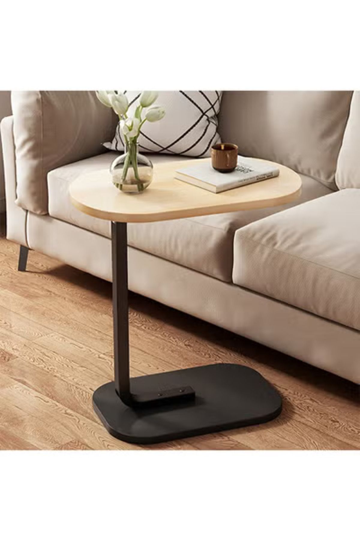 Taimi-C-Shaped Side Table Elegant Design with Metal Frame,45x30x60cm - Wooden Color With Black Frame 3