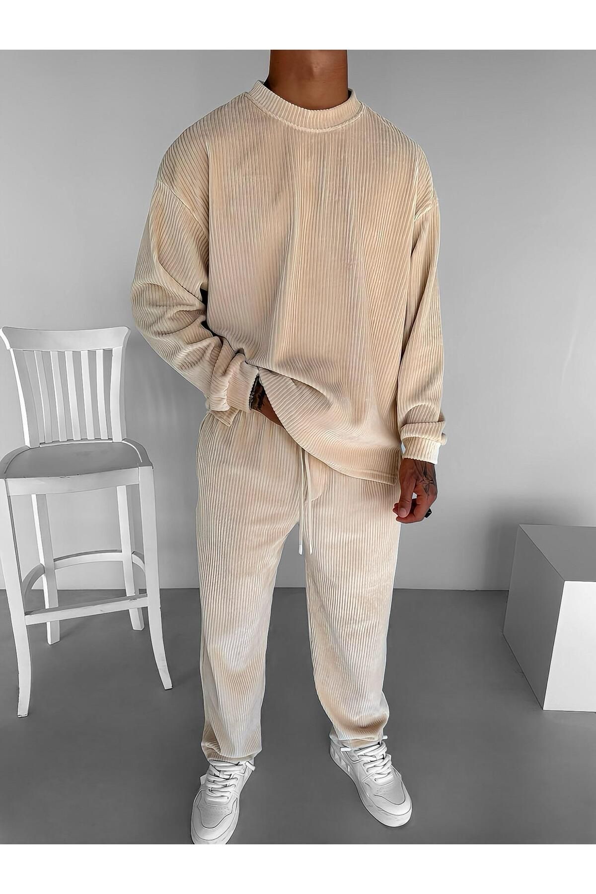 ablukaonline-Jogger pentru bărbați bej - Pantaloni din velur elastic, confortabili, cu talie elastică 5
