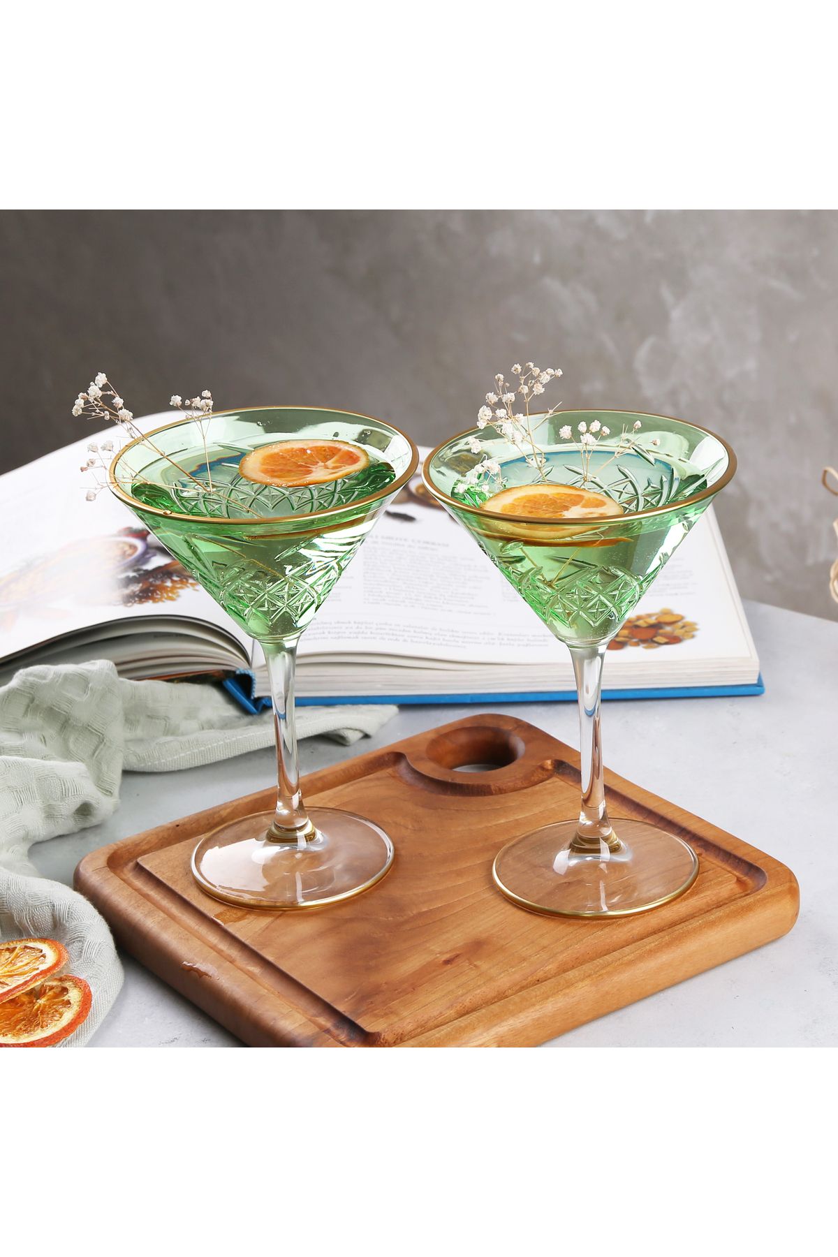 ADAMODART-Gilded Decorated Martini Cocktail Glass & Goblet Set of 2 - Green 3