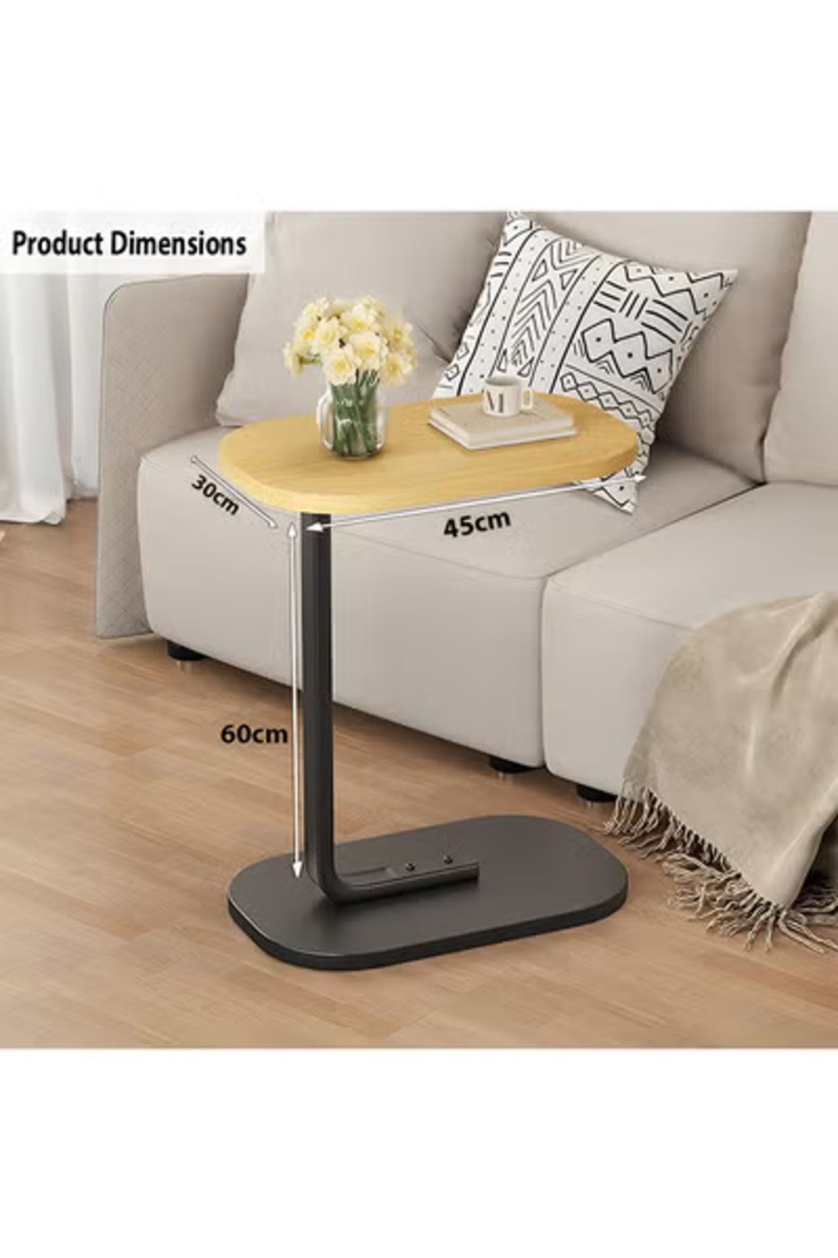 Taimi-C-Shaped Side Table Elegant Design with Metal Frame,45x30x60cm - Wooden Color With Black Frame 5