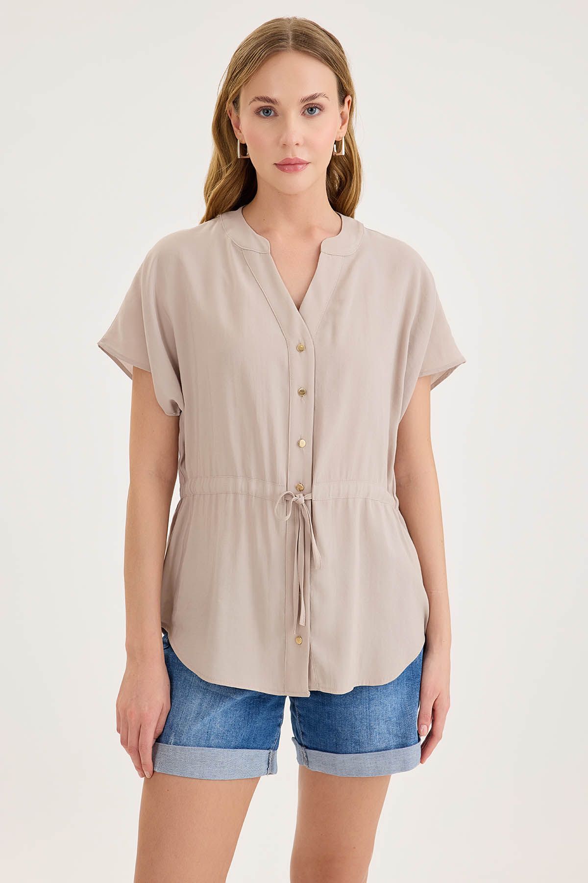 Vitrin-Modal Blouse with Shirred Waist and Buttons 1