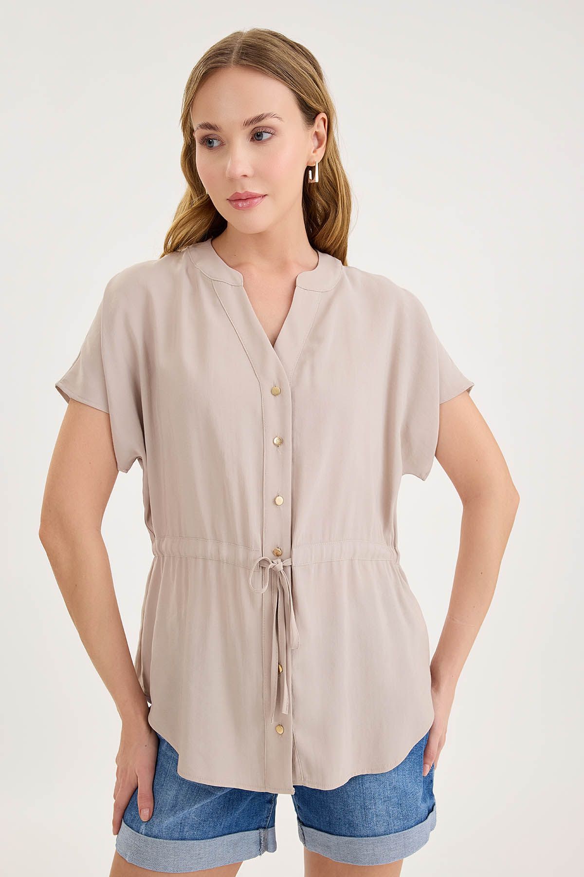 Vitrin-Modal Blouse with Shirred Waist and Buttons 4