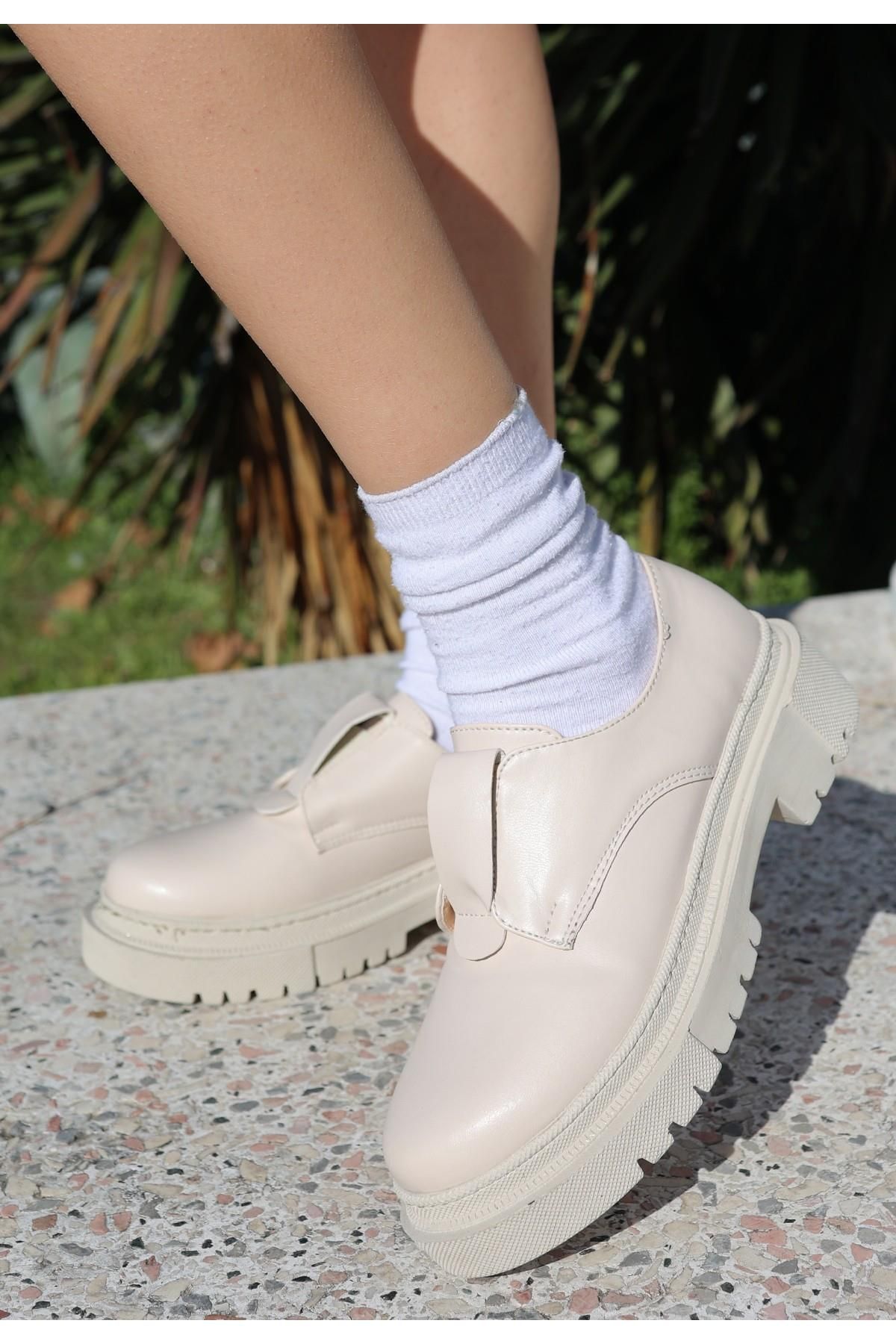 Nil Shoes Terp Bej Cilt Oxford Ayakkabı