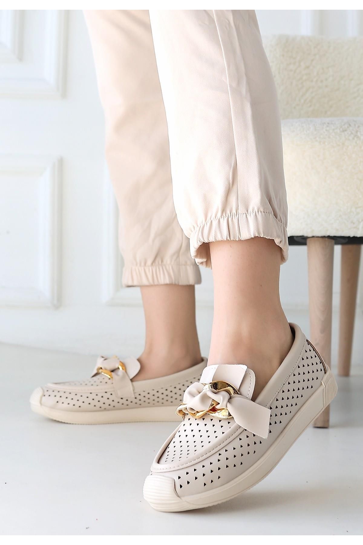 Nil Shoes Riwan Bej Cilt Babet Ayakkabı