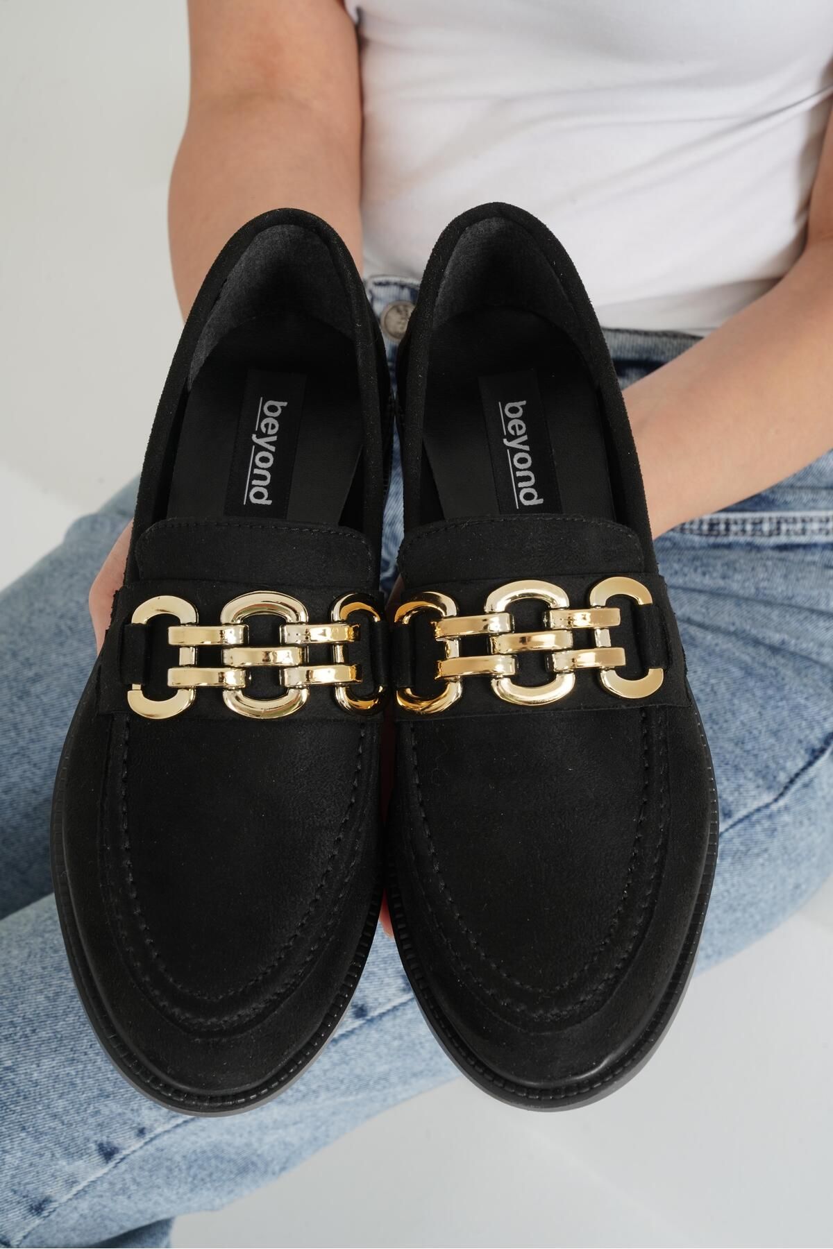 Beyond-Women's Black Suede D Buckle Loafer 3cm Byndlfrk01 Moccasin Shoes 4