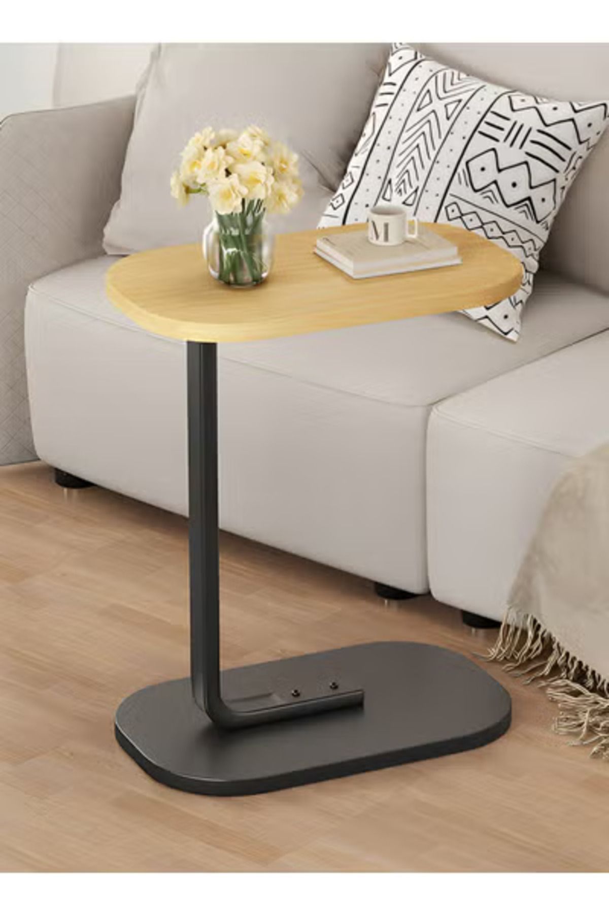 Taimi-C-Shaped Side Table Elegant Design with Metal Frame,45x30x60cm - Wooden Color With Black Frame 2