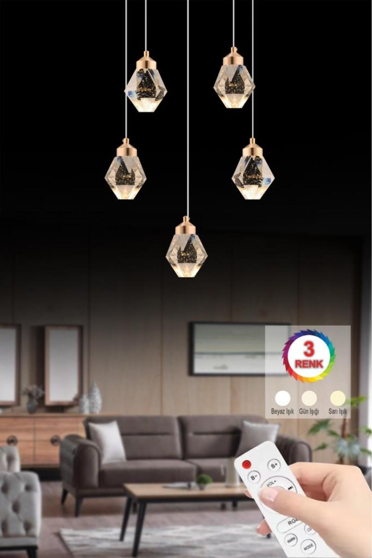 İstanbul Avize İstanbul Avize Kabarcıklı Liya 5'li Gold Kumandalı Ledli Modern 3 Renk Led Avize