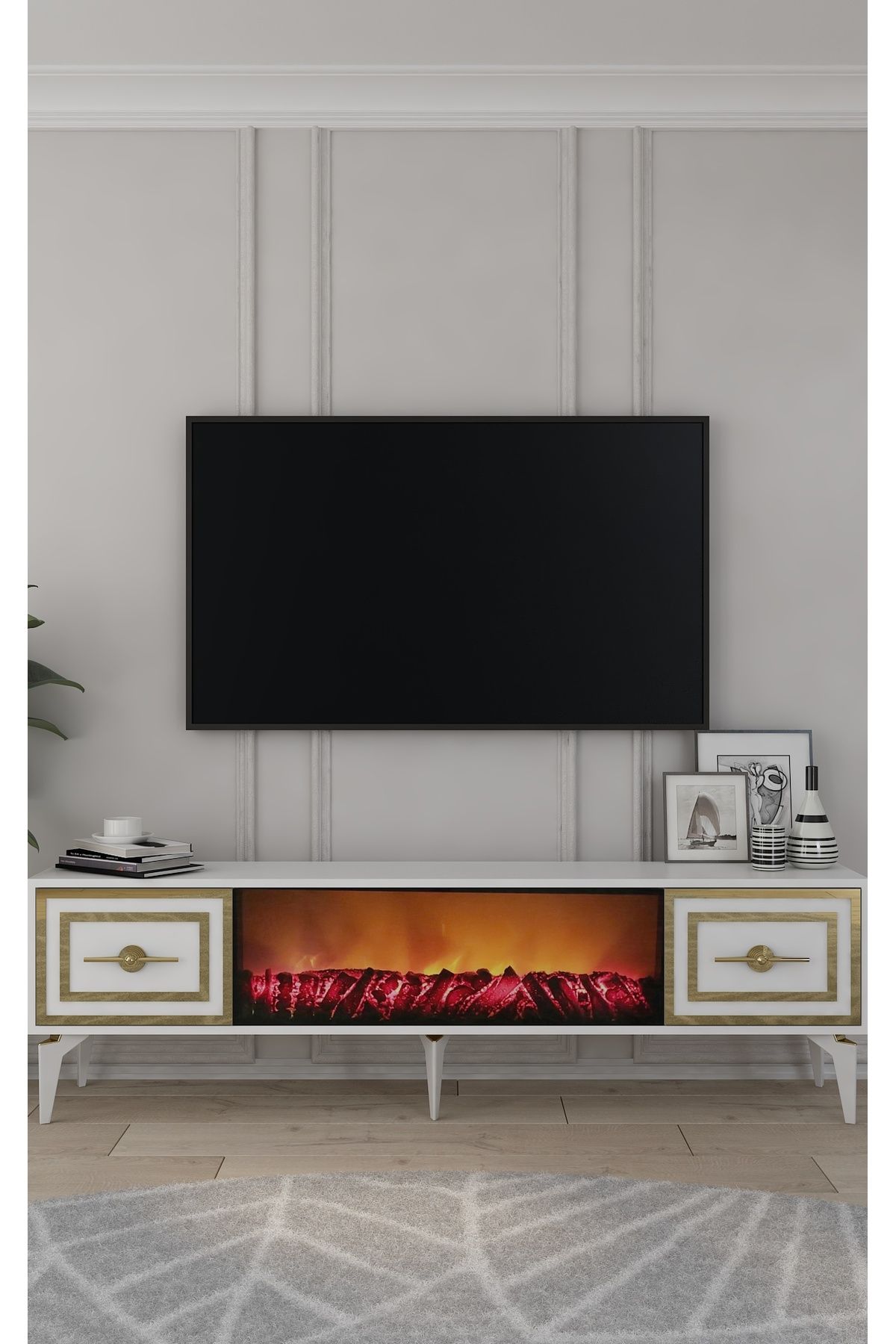 DemonteHome SAMBADH ŞÖMİNE (B) TV SEHPASI (TX180) BEYAZ-ALTIN